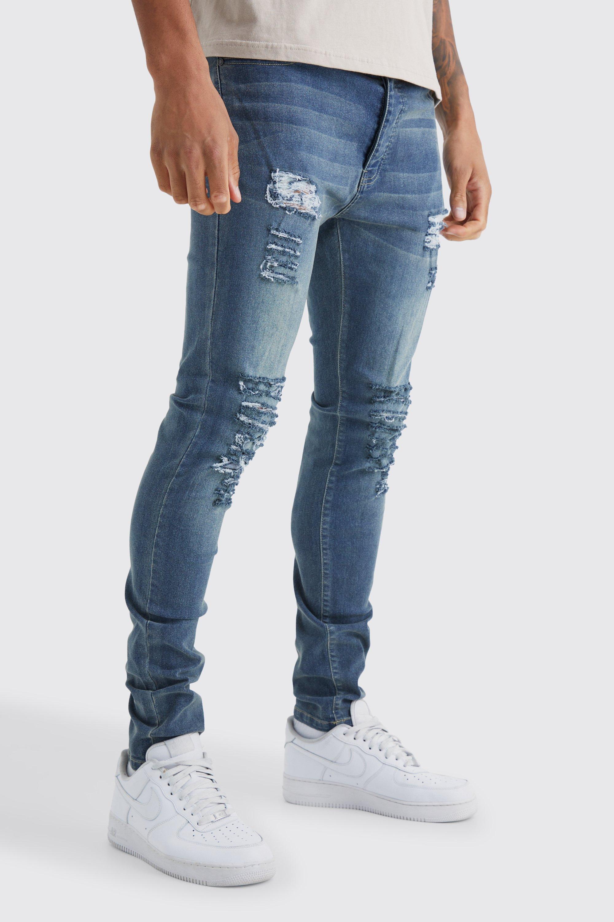 Mens Blue Tall Skinny Jeans With All Over Rips, Blue